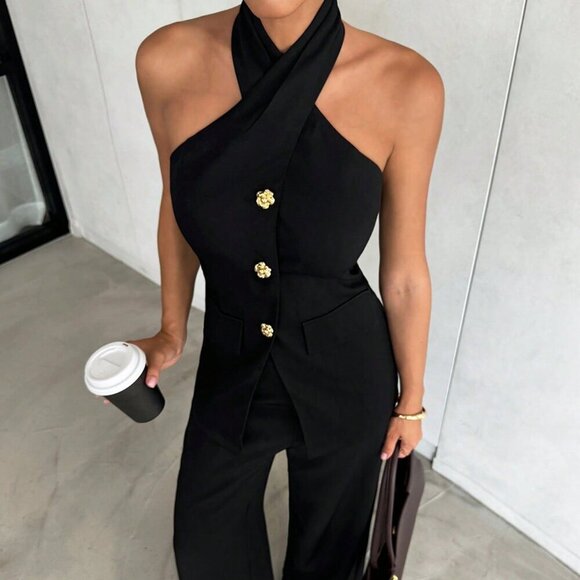 Black Casual Chic Women's Two Piece Top and Pants Office Set - Picture 7 of 7